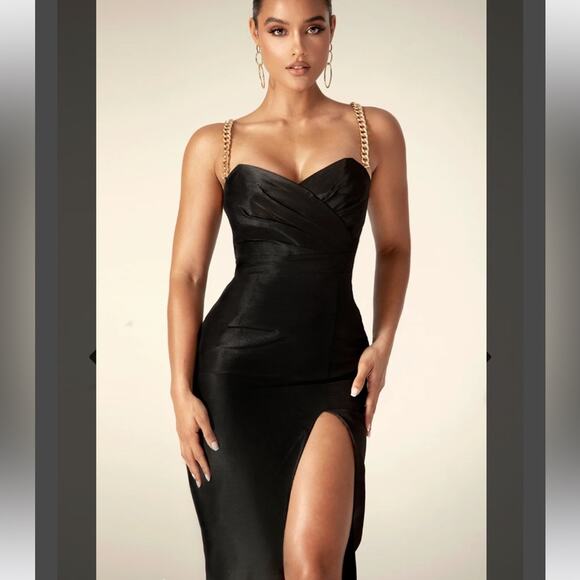 ALIEVA Dulce Dupioni Black Maxi Dress Gold Chain Straps Slit Size L - Picture 12 of 13